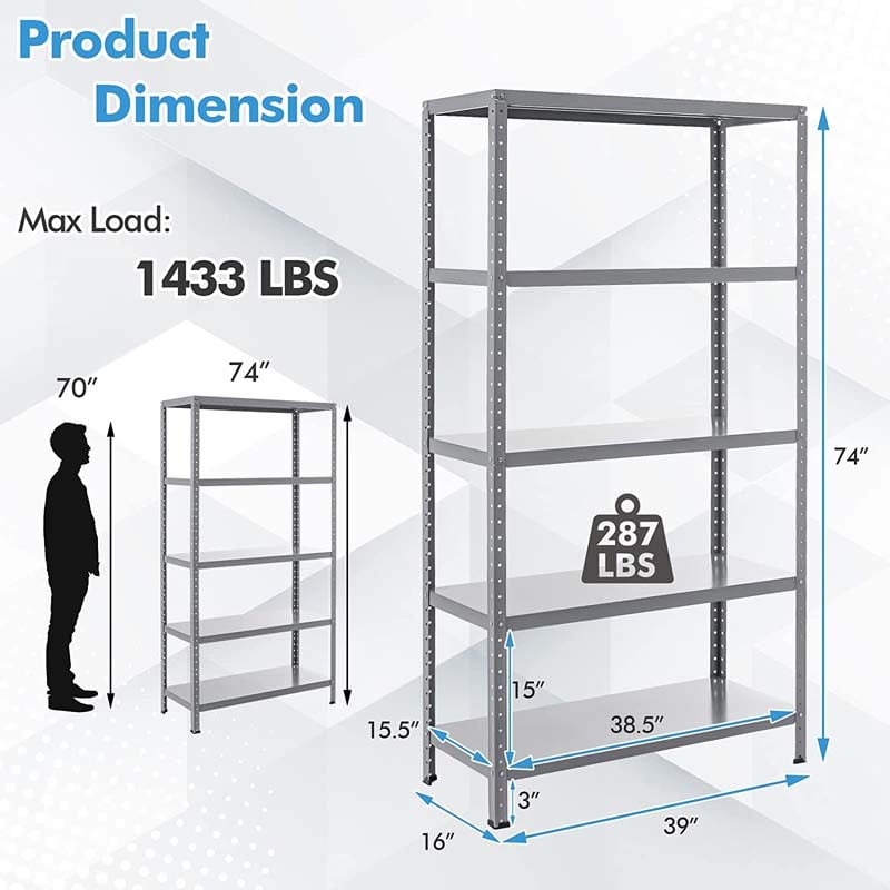 Eletriclife 74 x 16 x 39 in 5-Tier Adjustable Storage Shelves with Foot Pads