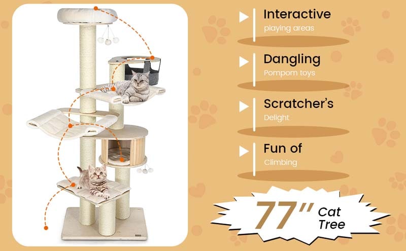 Eletriclife 77.5 Inch Cat Tree Condo Multi-Level Kitten Activity Tower with Sisal Posts