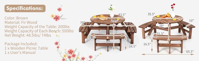 Eletriclife 8-Person Outdoor Wooden Round Picnic Dining Table Bench Set