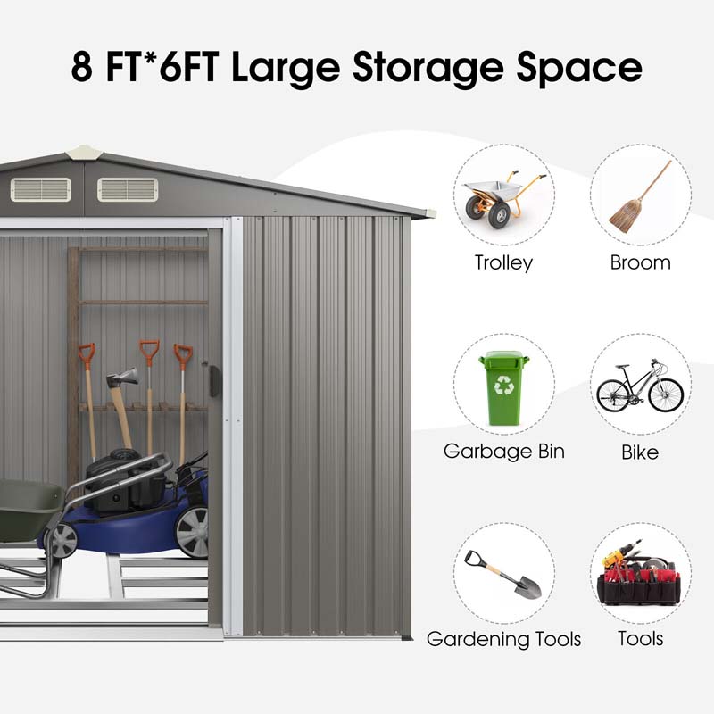 Eletriclife 8 x 6 Feet Galvanized Steel Storage Shed for Garden Yard