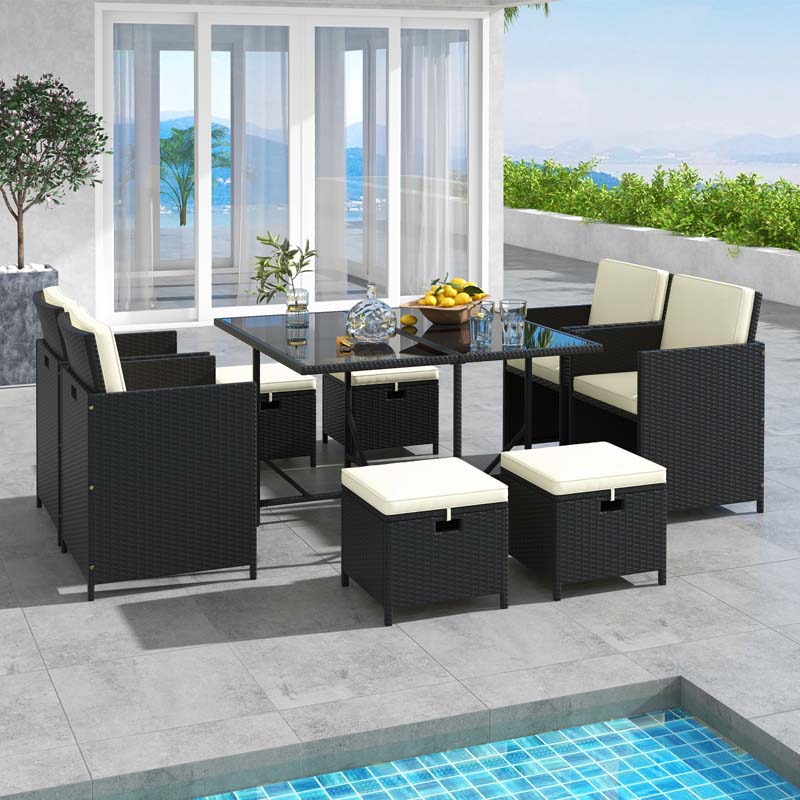 Eletriclife 9 PCS Outdoor Dining Furniture Set with Tempered Glass Table and Ottomans