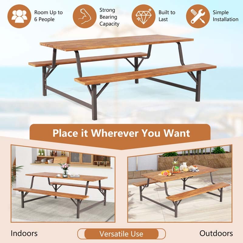 Eletriclife Acacia Wood Patio Picnic Table Bench Set with Umbrella Hole