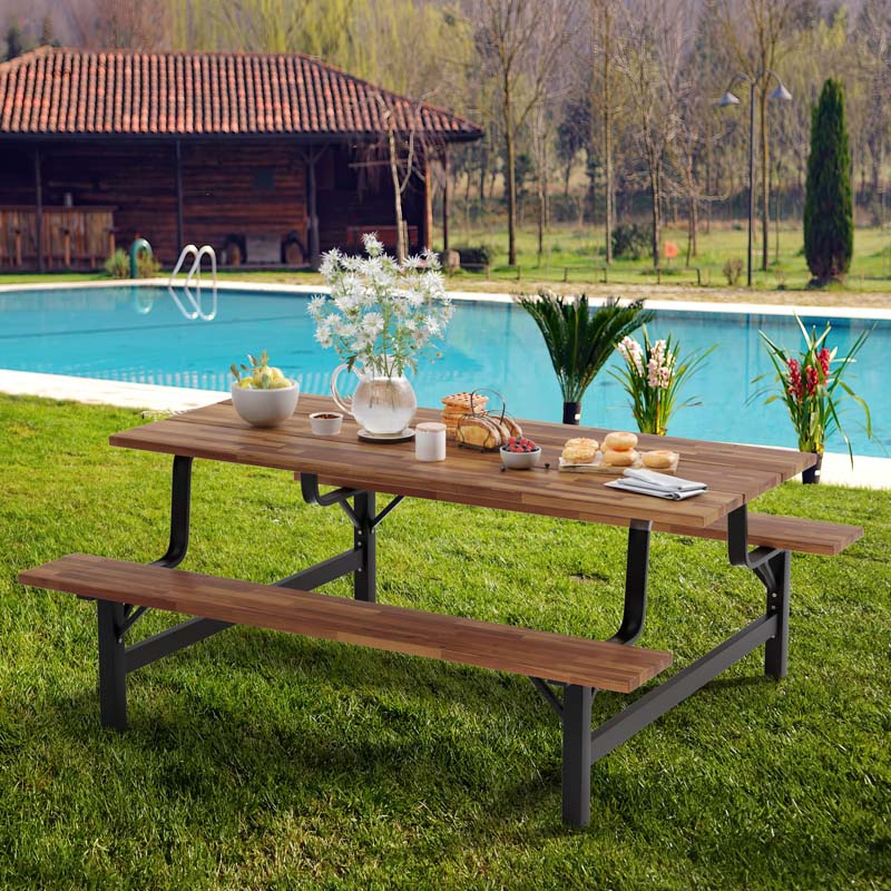 Eletriclife Acacia Wood Patio Picnic Table Bench Set with Umbrella Hole