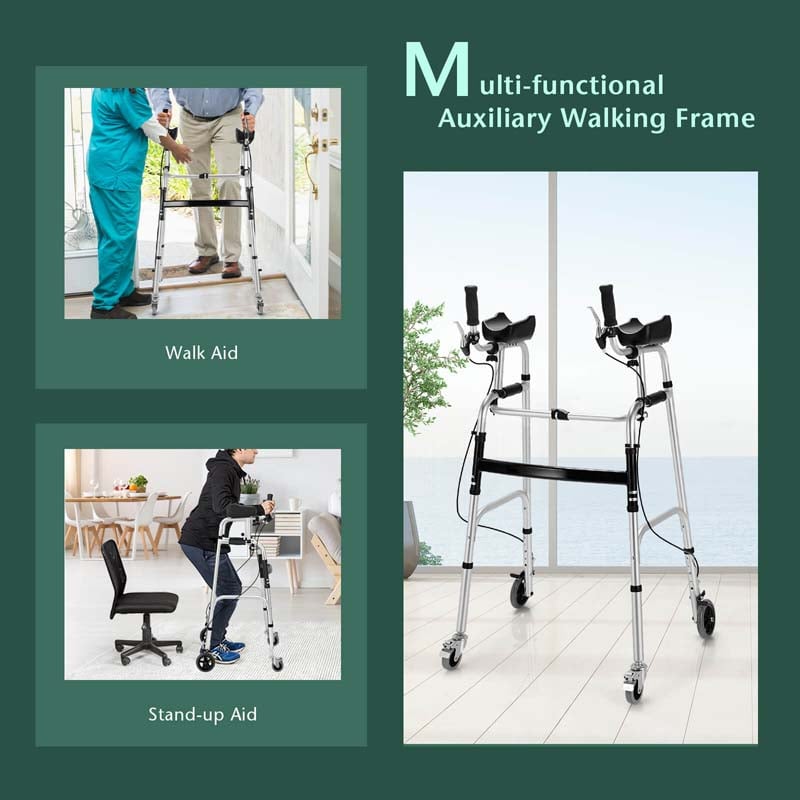 Eletriclife Adjustable Folding Walker with 5 Inch Wheels and Padded Armrest