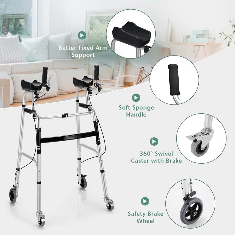 Eletriclife Adjustable Folding Walker with 5 Inch Wheels and Padded Armrest