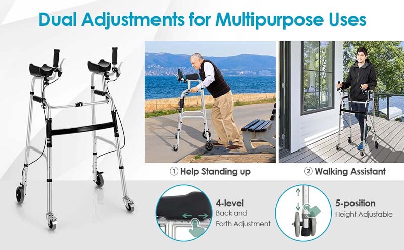 Eletriclife Adjustable Folding Walker with 5 Inch Wheels and Padded Armrest