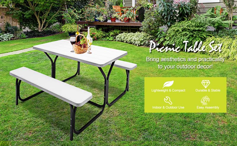 Eletriclife All Weather Outdoor Picnic Table Bench Set with Metal Base Wood