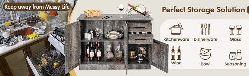 Eletriclife Buffet Storage Cabinet with 2-Door Cabinet and 2 Drawers Gray