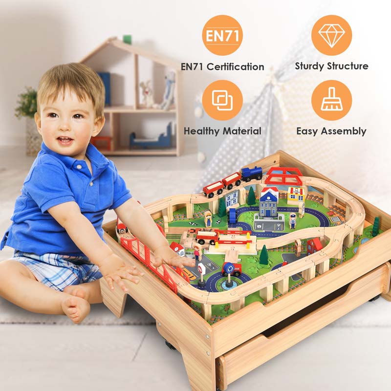 Eletriclife Children's Wooden Railway Set Table with 100 Pieces Storage Drawers