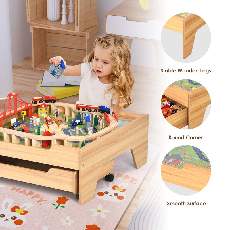 Eletriclife Children's Wooden Railway Set Table with 100 Pieces Storage Drawers