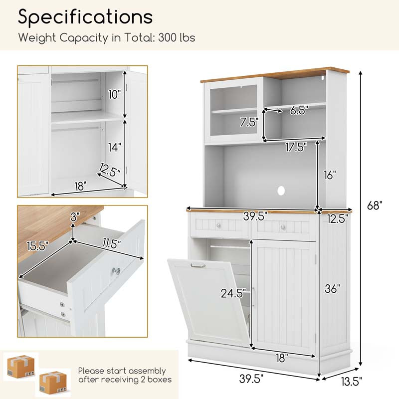 Eletriclife Double Tilt Out Trash Cabinet with Hutch and Rubber Wood Countertop