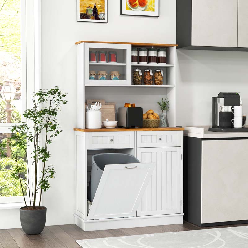 Eletriclife Double Tilt Out Trash Cabinet with Hutch and Rubber Wood Countertop