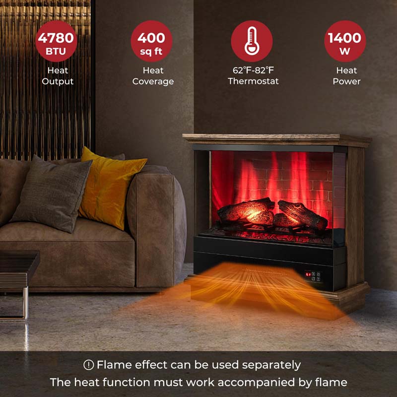 Eletriclife Electric Fireplace Heater with 3-Sided Glass 27-inch Wide