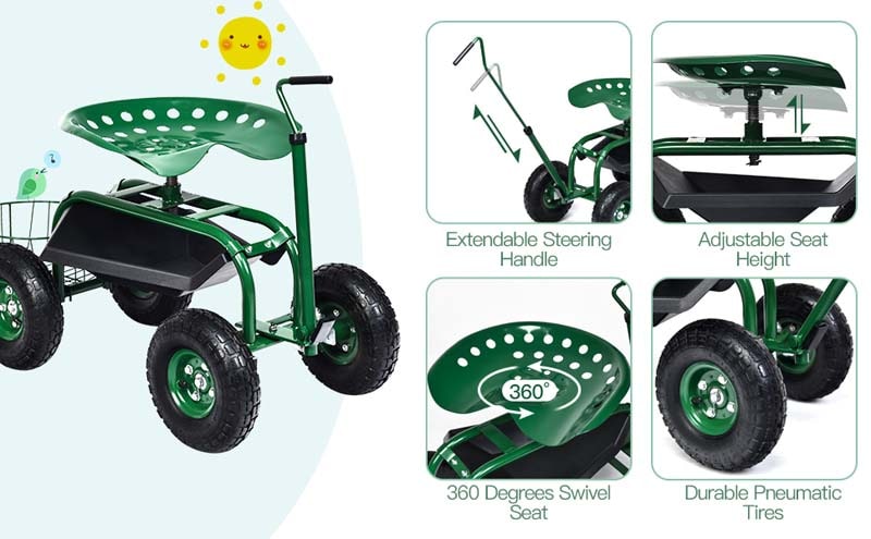 Eletriclife Extendable Handle Garden Cart Rolling Wagon Scooter