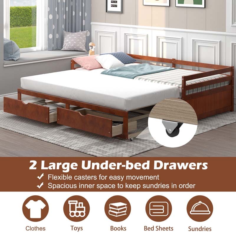 Eletriclife Extendable Twin to King Daybed with Trundle and 2 Storage Drawers