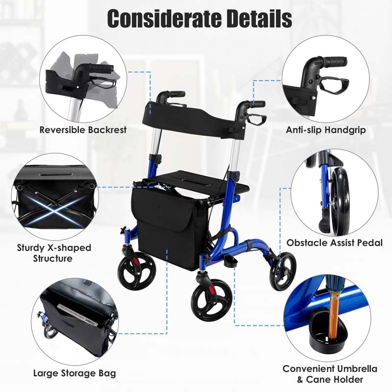 Eletriclife Folding Aluminum Rollator Walker with 8 inch Wheels and Seat