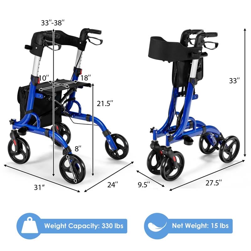 Eletriclife Folding Aluminum Rollator Walker with 8 inch Wheels and Seat