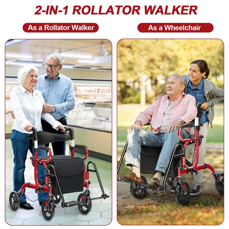 Eletriclife Folding Rollator Walker with 8-inch Wheels and Seat Red