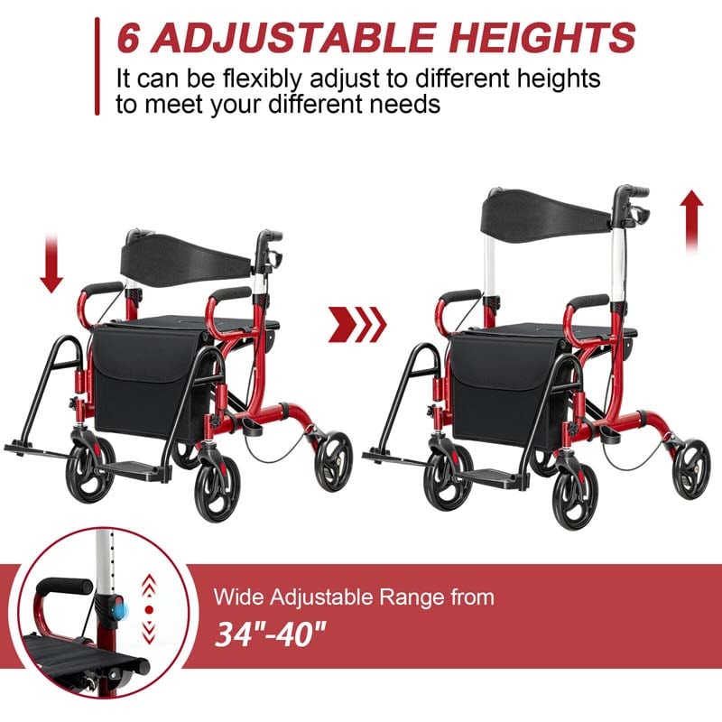 Eletriclife Folding Rollator Walker with 8-inch Wheels and Seat Red