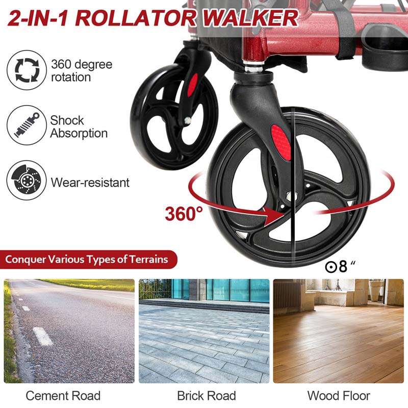 Eletriclife Folding Rollator Walker with 8-inch Wheels and Seat Red