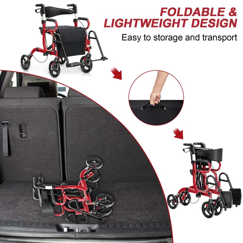 Eletriclife Folding Rollator Walker with 8-inch Wheels and Seat Red