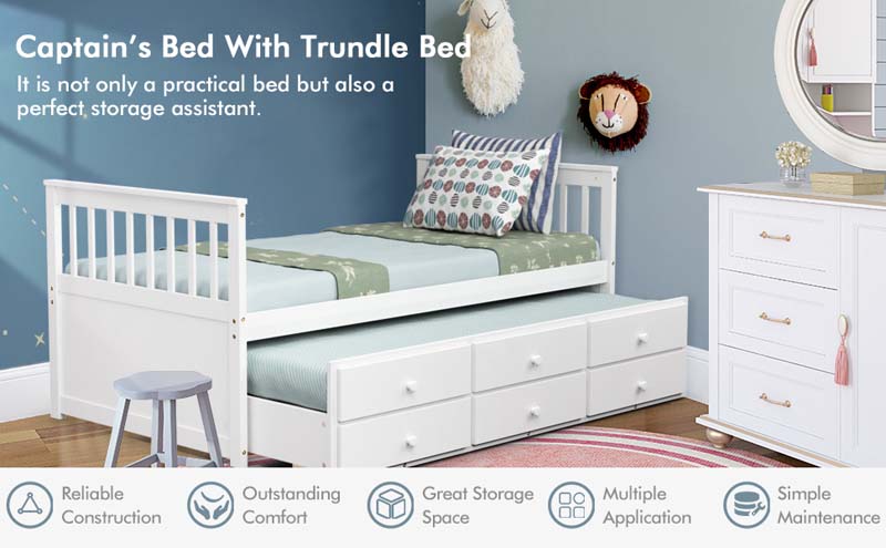Eletriclife Full Daybed Frame with Twin Trundle Bed & 3 Storage Drawers White