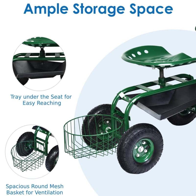 Eletriclife Heavy Duty Garden Cart with Tool Tray and 360 Swivel Seat