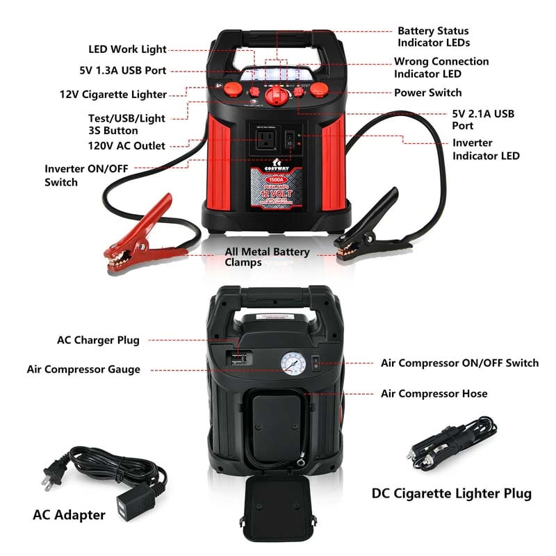 Eletriclife Jump Starter Air Compressor Power Bank Charger with LED Light and DC Outlet