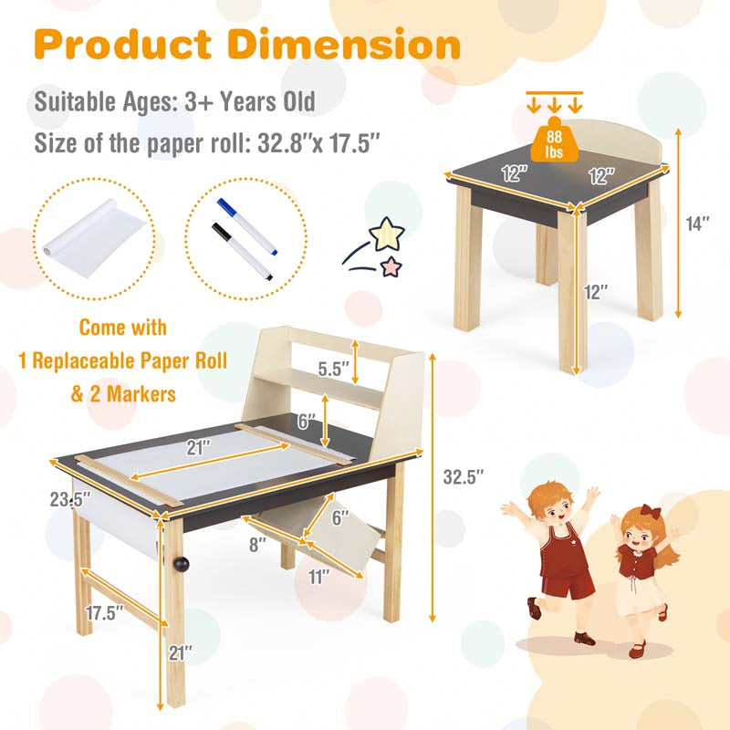 Eletriclife Kids Art Table and Chairs Set with Paper Roll and Storage Bins