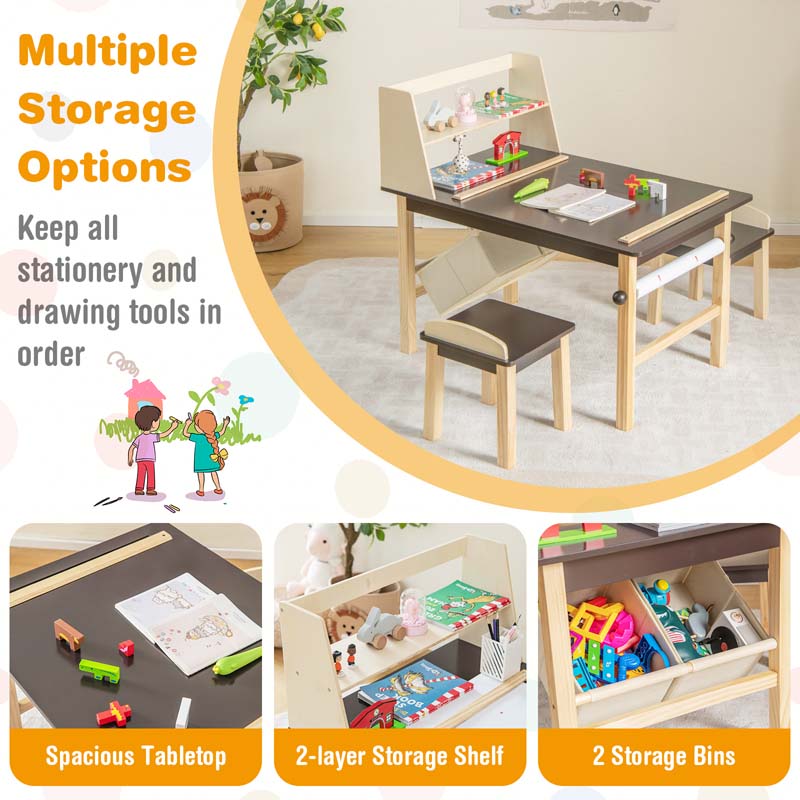 Eletriclife Kids Art Table and Chairs Set with Paper Roll and Storage Bins