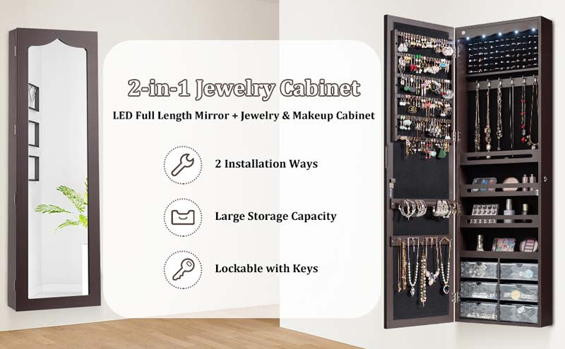 Eletriclife Lockable Wall Mounted Mirror Jewelry Armoire with 5 LEDs and 6 Drawers