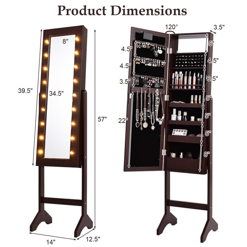 Eletriclife Mirrored Standing Jewelry Armoire Cabinet with LED Lights