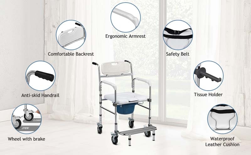 Eletriclife Multifunctional Rolling Commode Chair with Removable Toilet