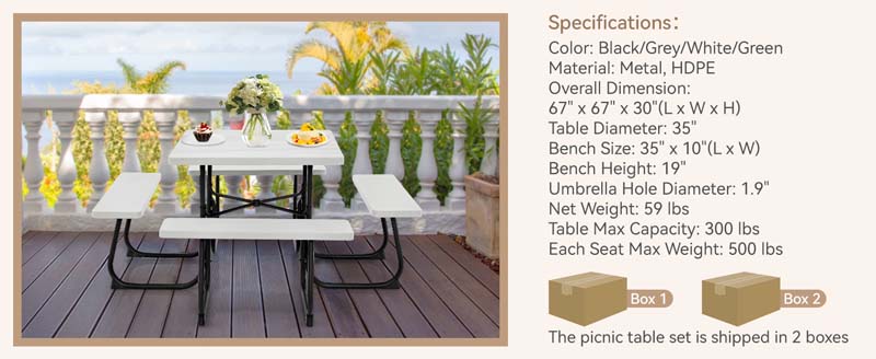 Eletriclife Outdoor Picnic Table with 4 Benches and Umbrella Hole