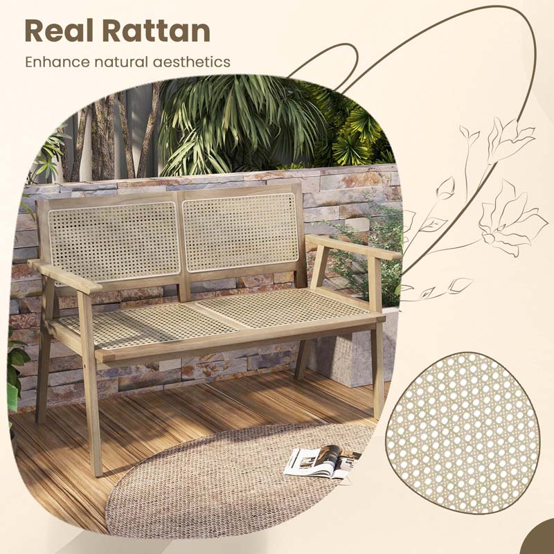 Eletriclife Outdoor Teak Wood Garden Bench with Rattan Armrests Backrest