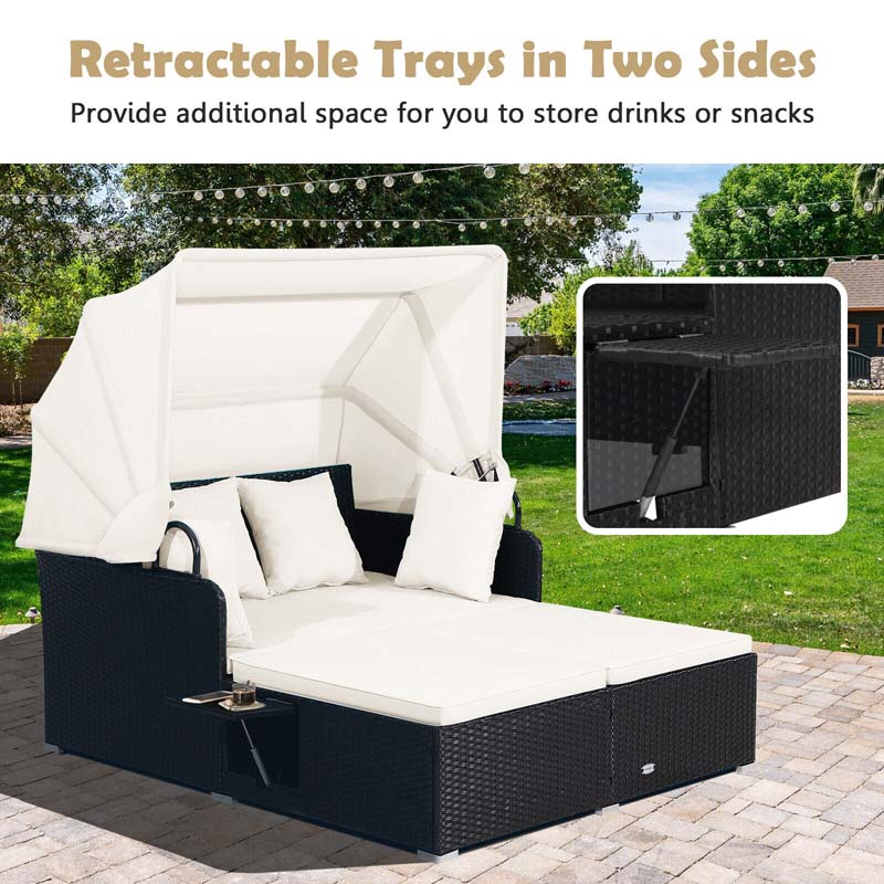 Eletriclife Patio Rattan Daybed with Retractable Canopy and Side Tables