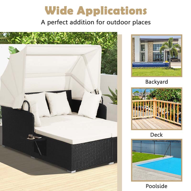 Eletriclife Patio Rattan Daybed with Retractable Canopy and Side Tables