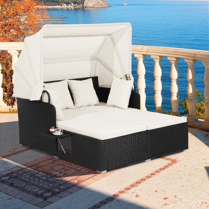 Eletriclife Patio Rattan Daybed with Retractable Canopy and Side Tables