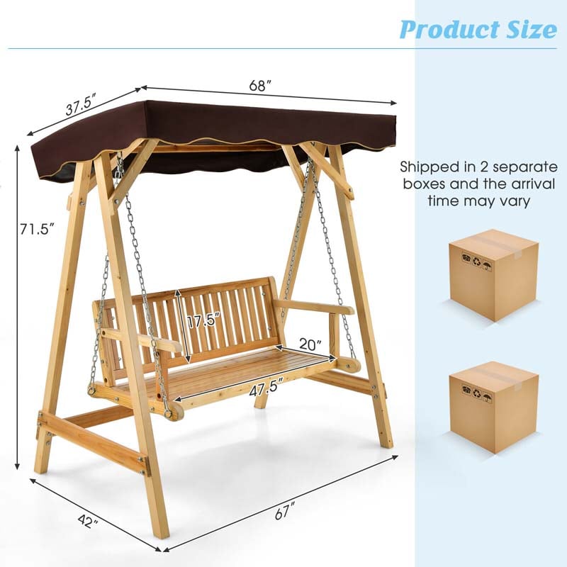 Eletriclife Patio Wooden Swing Bench Chair with Adjustable Canopy for 2 Persons