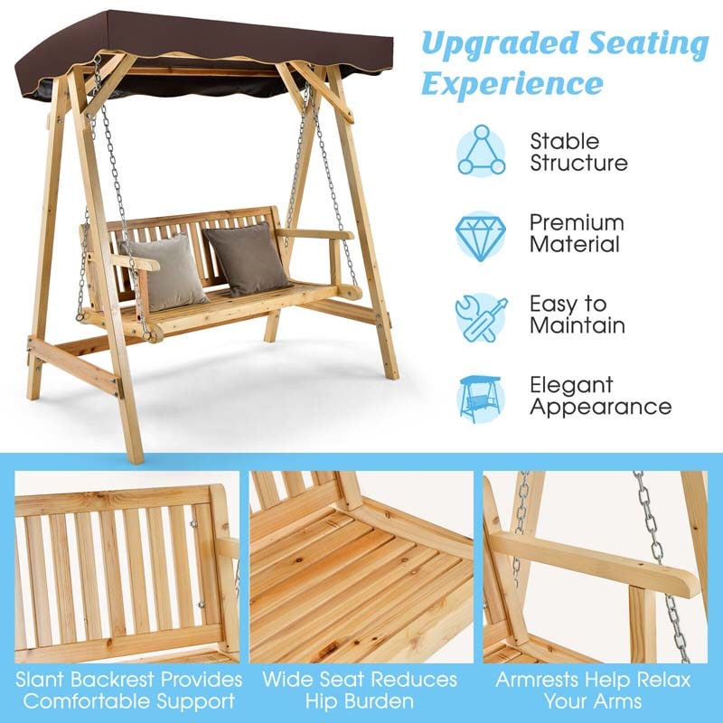 Eletriclife Patio Wooden Swing Bench Chair with Adjustable Canopy for 2 Persons