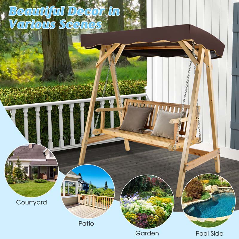 Eletriclife Patio Wooden Swing Bench Chair with Adjustable Canopy for 2 Persons