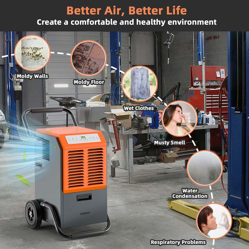 Eletriclife 140-Pint Portable Commercial Dehumidifier with Water Tank and Drainage Pipe for Basement