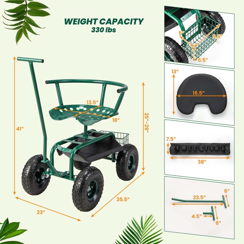 Eletriclife Rolling Garden Cart with Height Adjustable Swivel Seat and Storage Basket