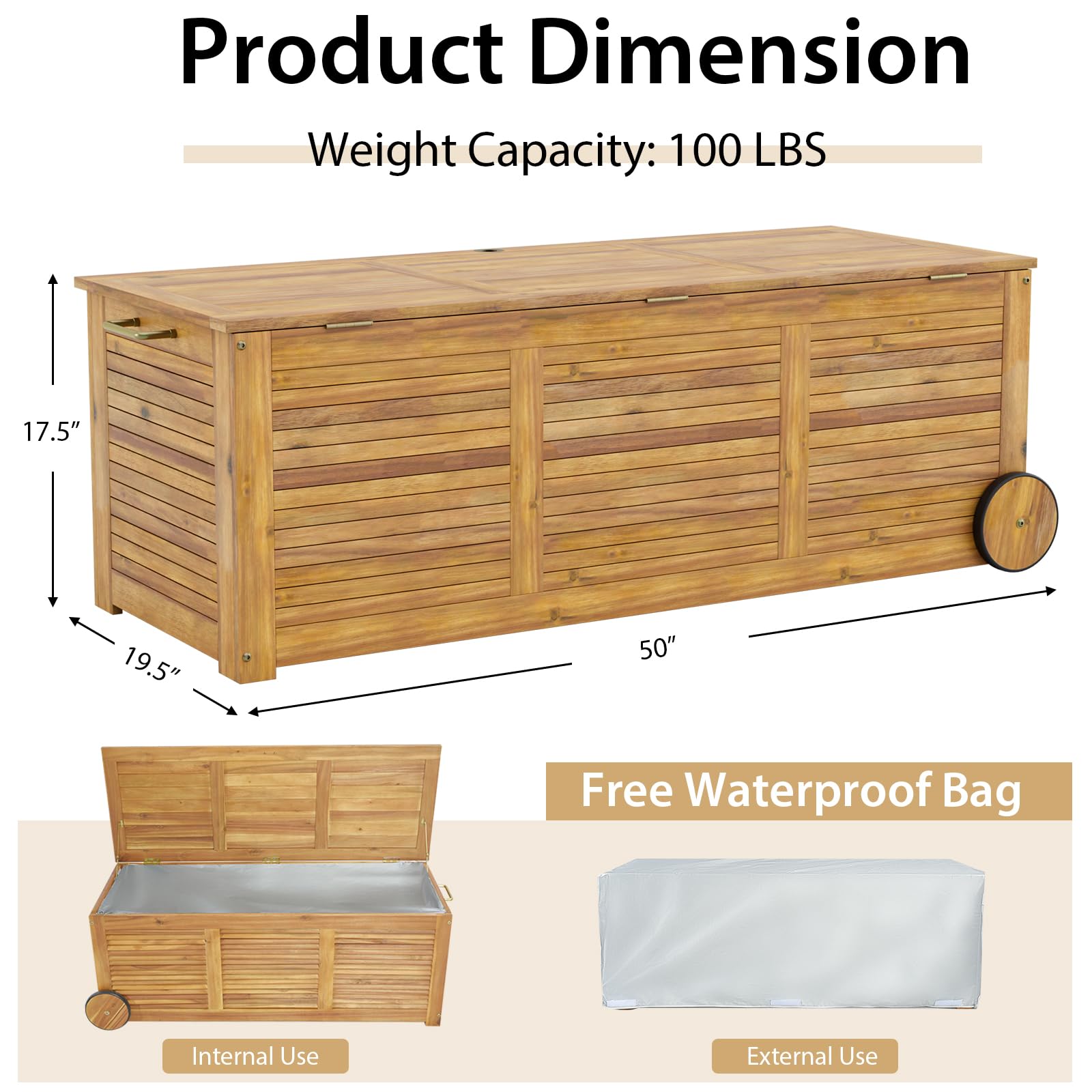 Eletriclife Rolling Patio Wooden Deck Box with 2 Wheelsand Side Handle