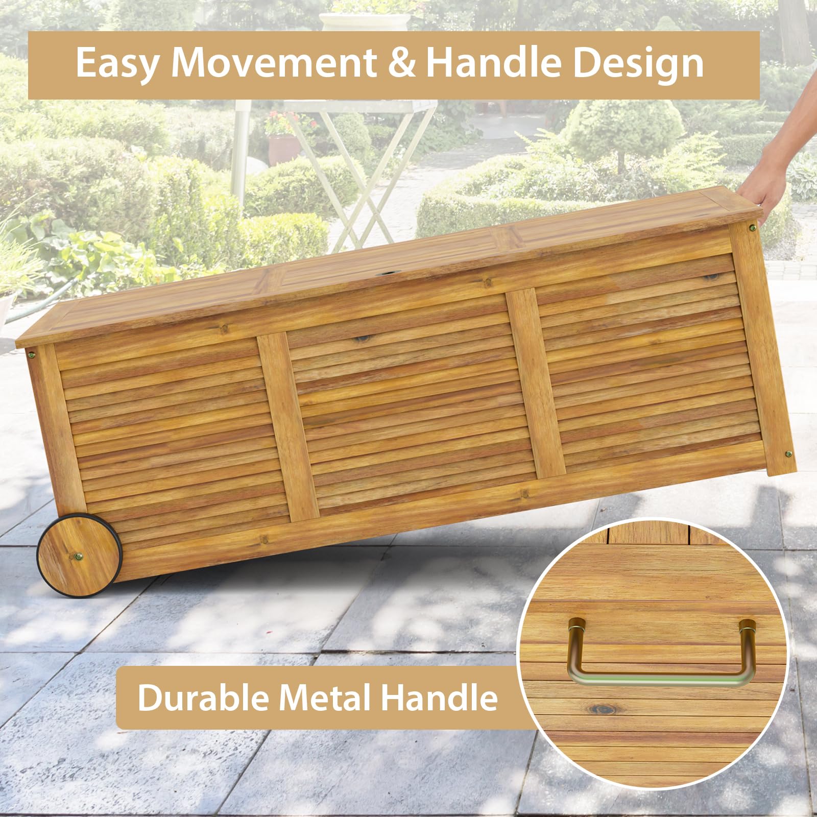 Eletriclife Rolling Patio Wooden Deck Box with 2 Wheelsand Side Handle