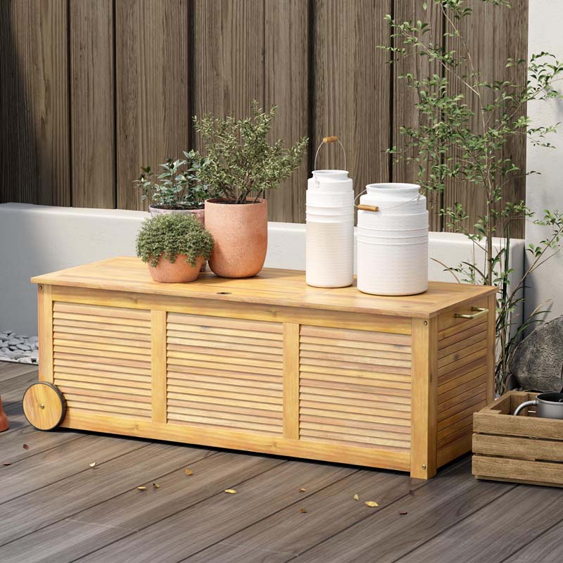 Eletriclife Rolling Patio Wooden Deck Box with 2 Wheelsand Side Handle