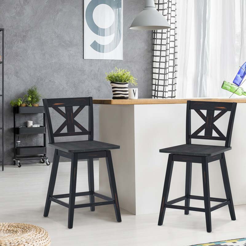 Eletriclife Set of 2 Swivel Counter Height Bar Stools with Solid Wood Legs