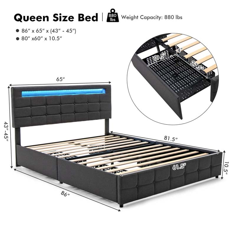 Eletriclife Upholstered Queen LED Bed Frame with Headboard and 4 Drawers
