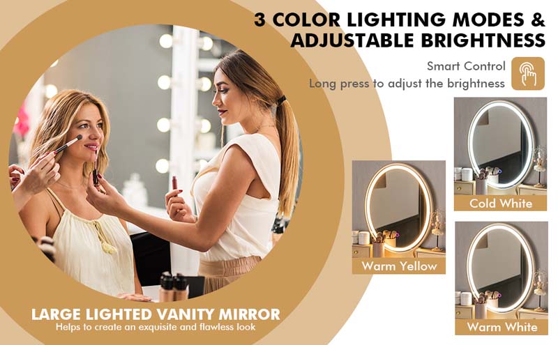 Eletriclife Vanity Table Set with 3-Color Lighted Dimmable Mirror