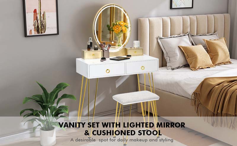 Eletriclife Vanity Table Set with 3-Color Lighted Dimmable Mirror